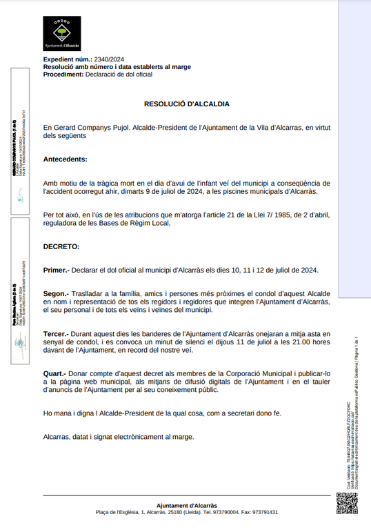 Declaració de dol - Decret d'alcaldia