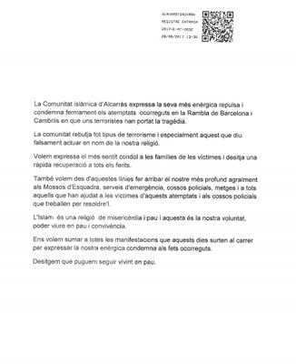 La comunitat islàmica d'Alcarràs condemna en una nota pública els darrers atemptats contra Catalunya i se solidaritza amb víctimes 